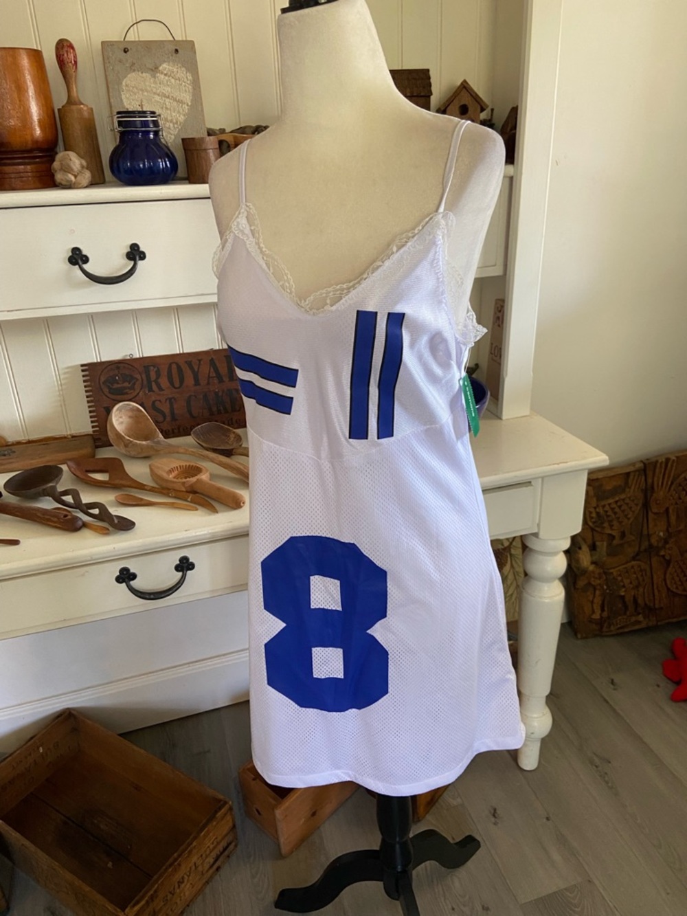 White Lace-Trim Slip Dress with Blue Athletic Accents